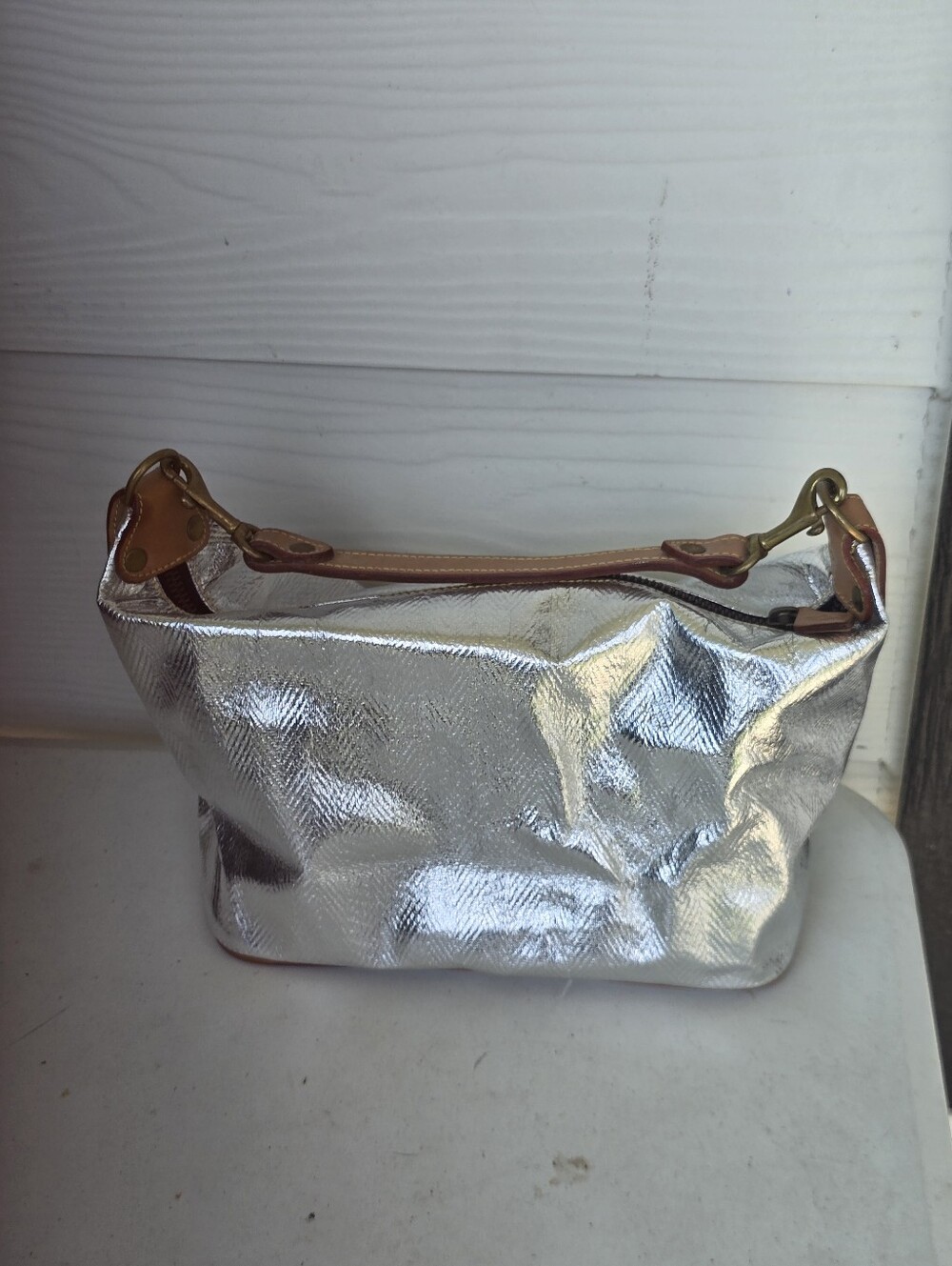 MZ Wallace Metallic Silver Shoulder Bag Leather Trim Zip Hobo Handbag 6x11